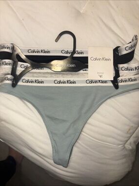 Calvin Klein blue, gray & Black Thong w/ Branded White Waistband - 3 pack